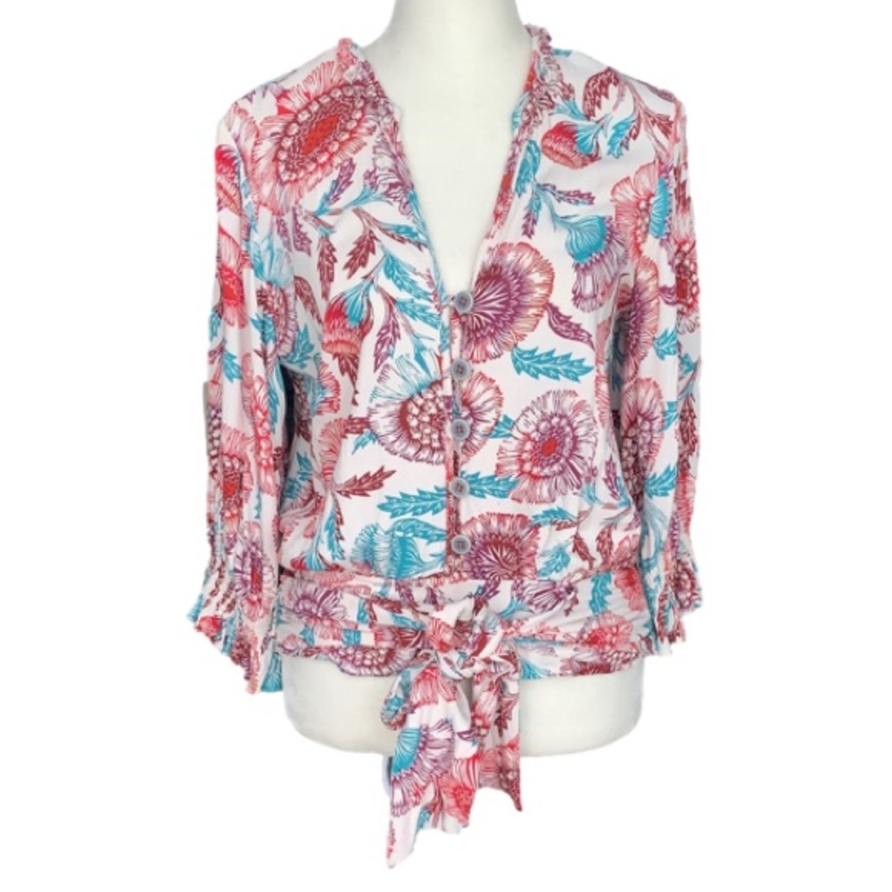 Tugboat For Anthropologie White Saraya Floral Button Down Front Tie Blouse